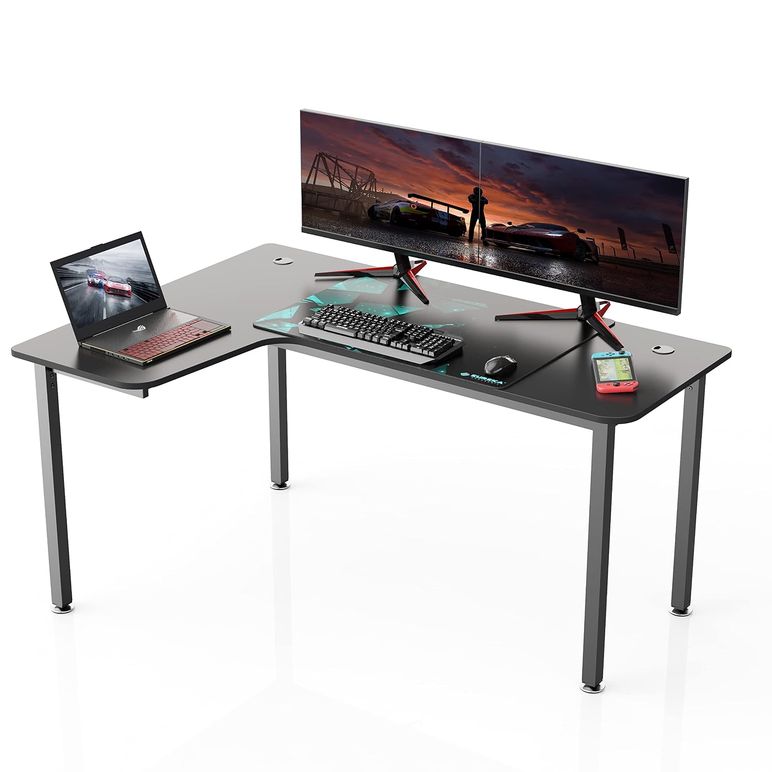 Home Office Work Table - 60インチの黒いL字型コーナーデスク。家庭用オフィス、ゲーム、学習、仕事に最適な大型で頑丈なモダンなデザイン。金属製の脚、左側。カスタマイズ可能。