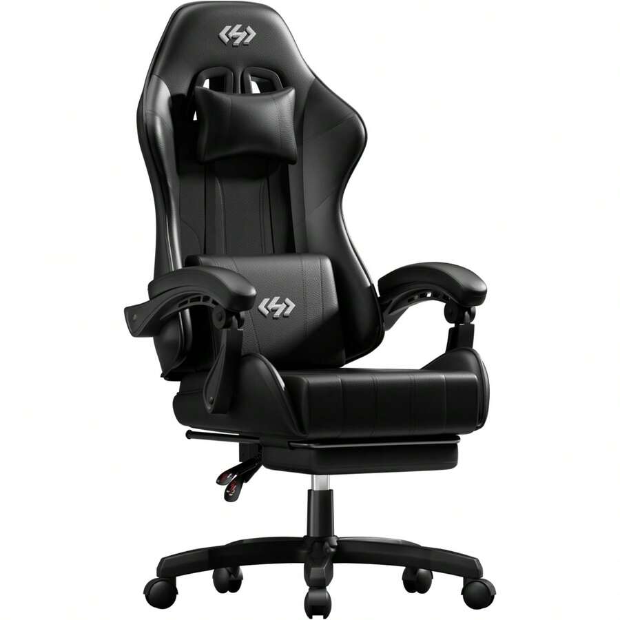 Ergonomic Office Chair - ゲーミングチェア、人間工学に基づいたコンピューターオフィスチェア、ランバーサポート、フットレスト、ヘッドレスト付き、高さと背もたれの角度調整可能、ビデオゲーマーチェア、PUレザー、360度回転 ° スイベル、大人用、黒