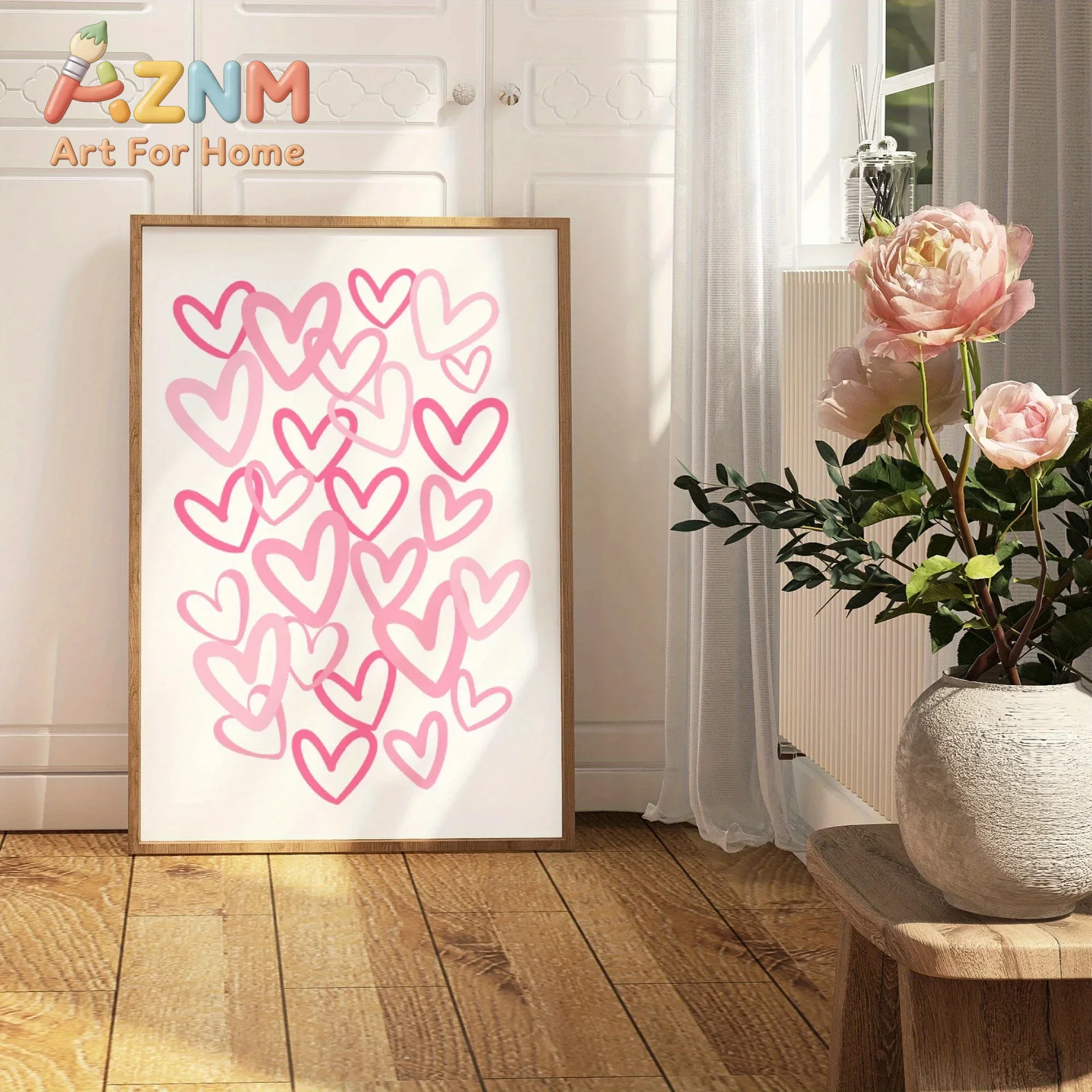 Home Office Room Inspiration - 洗練されたピンクのハート柄キャンバスアートプリント。リビング、寝室、ホームオフィスに最適なモダンな壁飾り。ミニマリストな雰囲気の漫画風ポスター。