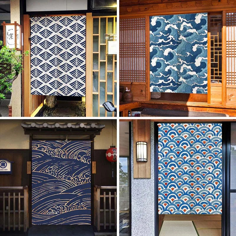 Home Office Room Inspiration - VIKAMA 浮世絵の巨波をイメージしたのれんカーテン、青と白の日本製タペストリー、リビングルーム、バスルーム、カフェ用のプライバシースクリーン