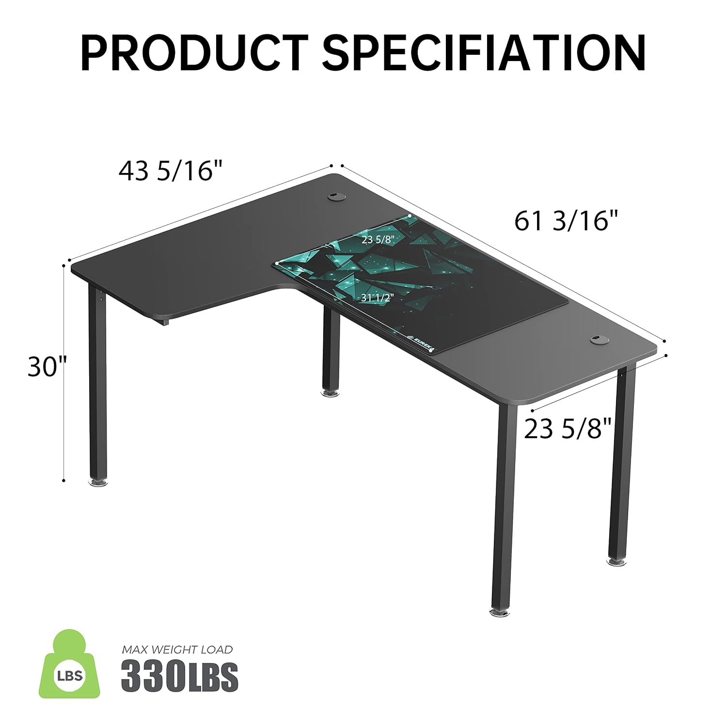 60インチの黒いL字型コーナーデスク。家庭用オフィス、ゲーム - Home Office Work Table のレビューと価格